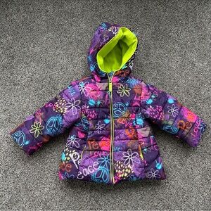 Pistachio Brand Girl’s PurpleGraffiti Peace Print Winter Puffer Coat, Size 4T